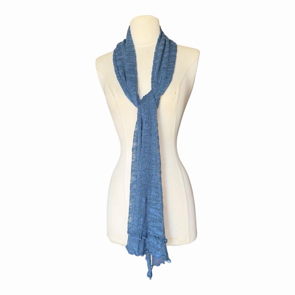 Vintage Blue Handwoven Silk Scarf Lightweight Open Weave Wrap Artisan Scarf